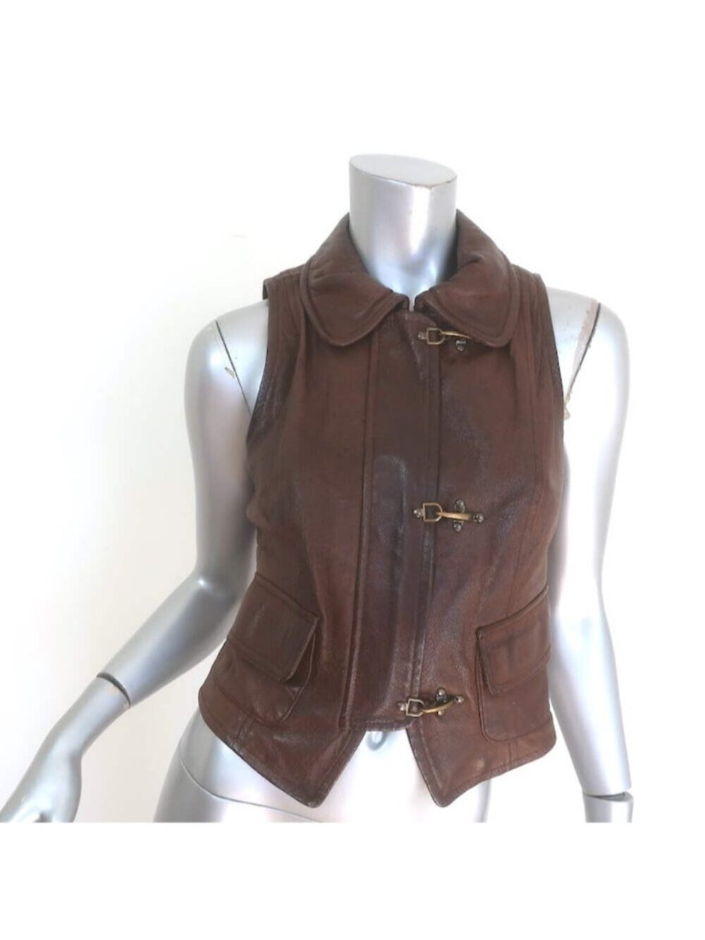 Vintage Moschino Brass Clasp-Closure Leather Vest Dark Brown Size US 4
